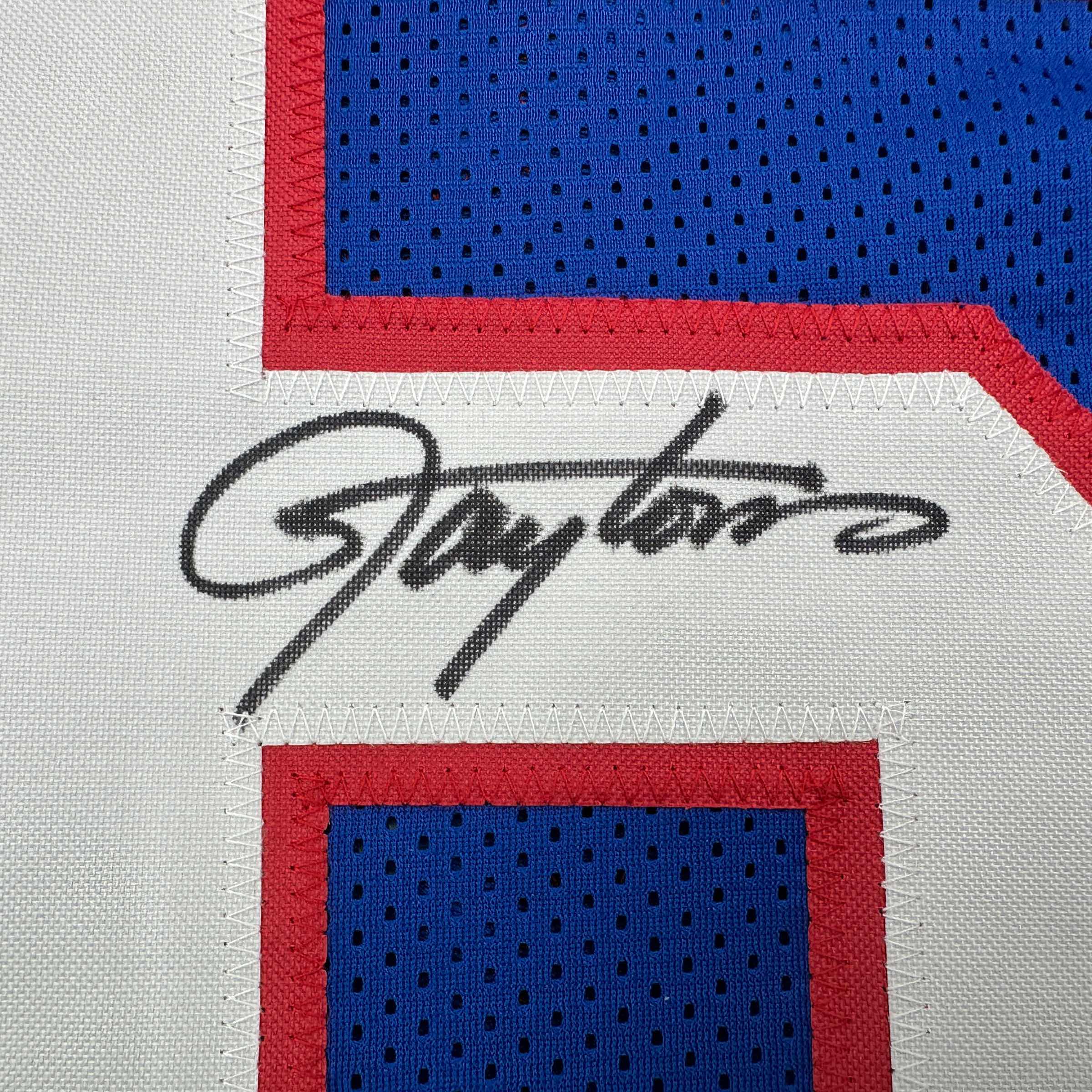 Framed Autographed/Signed Lawrence Taylor 35x39 New York Blue Stat Football Jersey Beckett BAS COA
