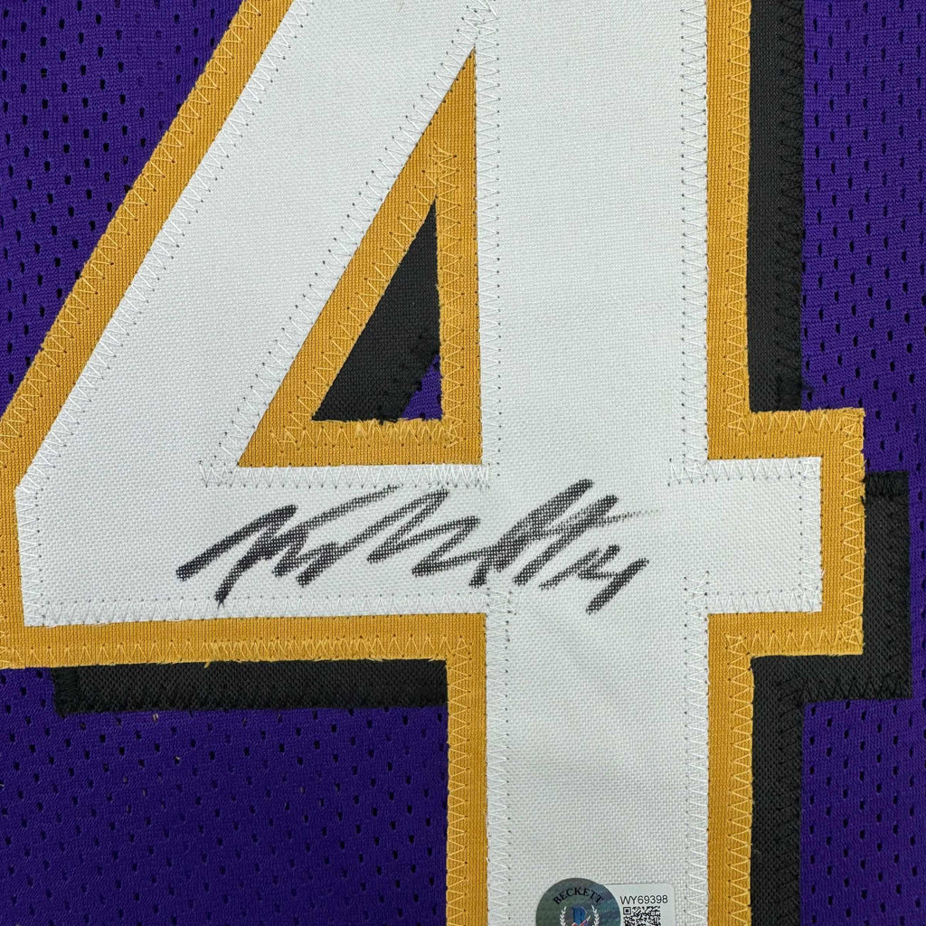 Framed Autographed/Signed Kyle Hamilton 35x39 Baltimore Purple Football Jersey Beckett BAS COA