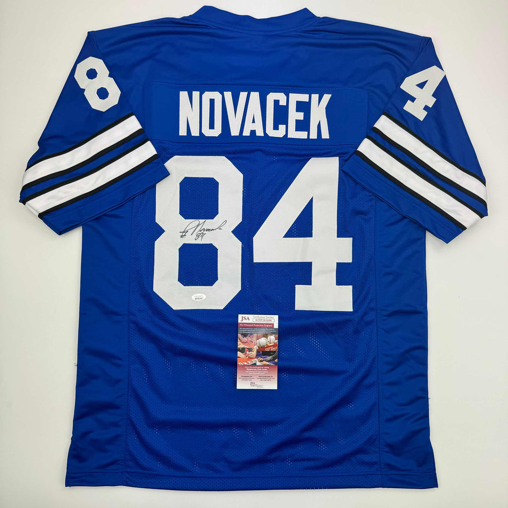 Autographed/Signed Jay Novacek Dallas Blue Football Jersey Beckett BAS COA
