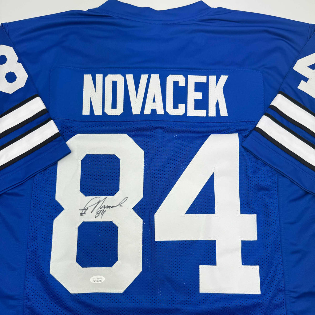 Autographed/Signed Jay Novacek Dallas Blue Football Jersey Beckett BAS COA