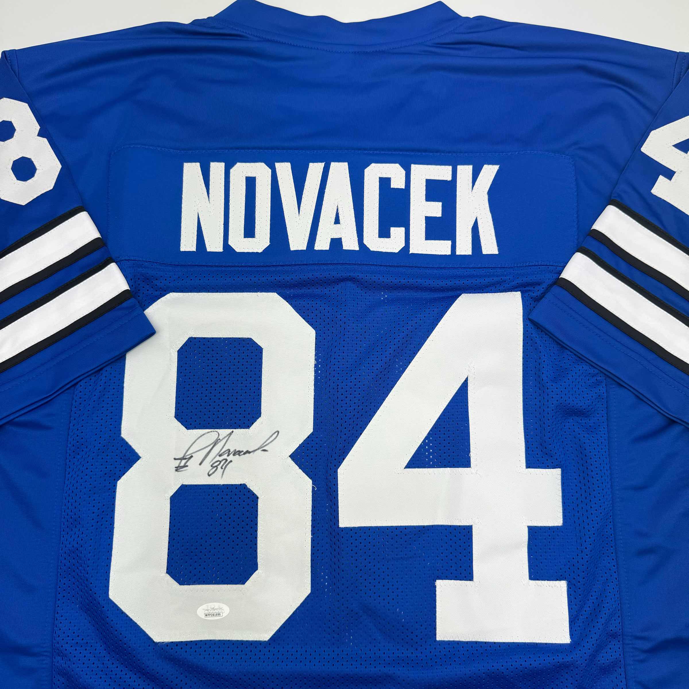 Autographed/Signed Jay Novacek Dallas Blue Football Jersey Beckett BAS COA
