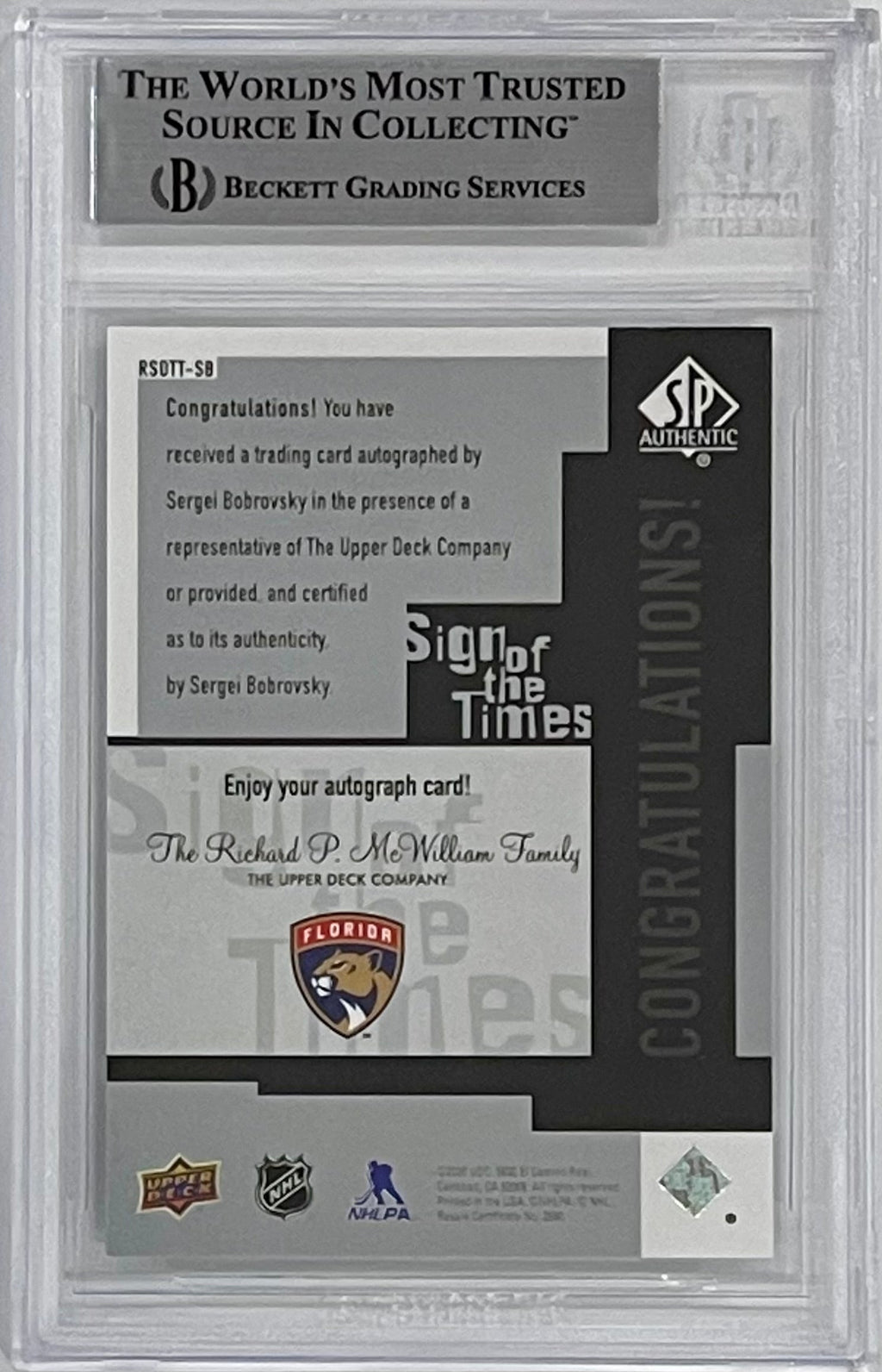 Sergei Bobrovsky Autographed 2019-20 Upper Deck SP Retro Sign of the Times Card - Beckett