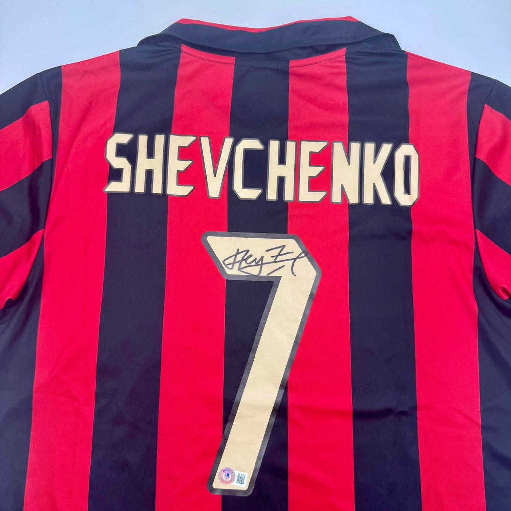 Autographed/Signed Andriy Shevchenko AC Milan Red/Black Soccer Futbol Jersey Beckett BAS COA