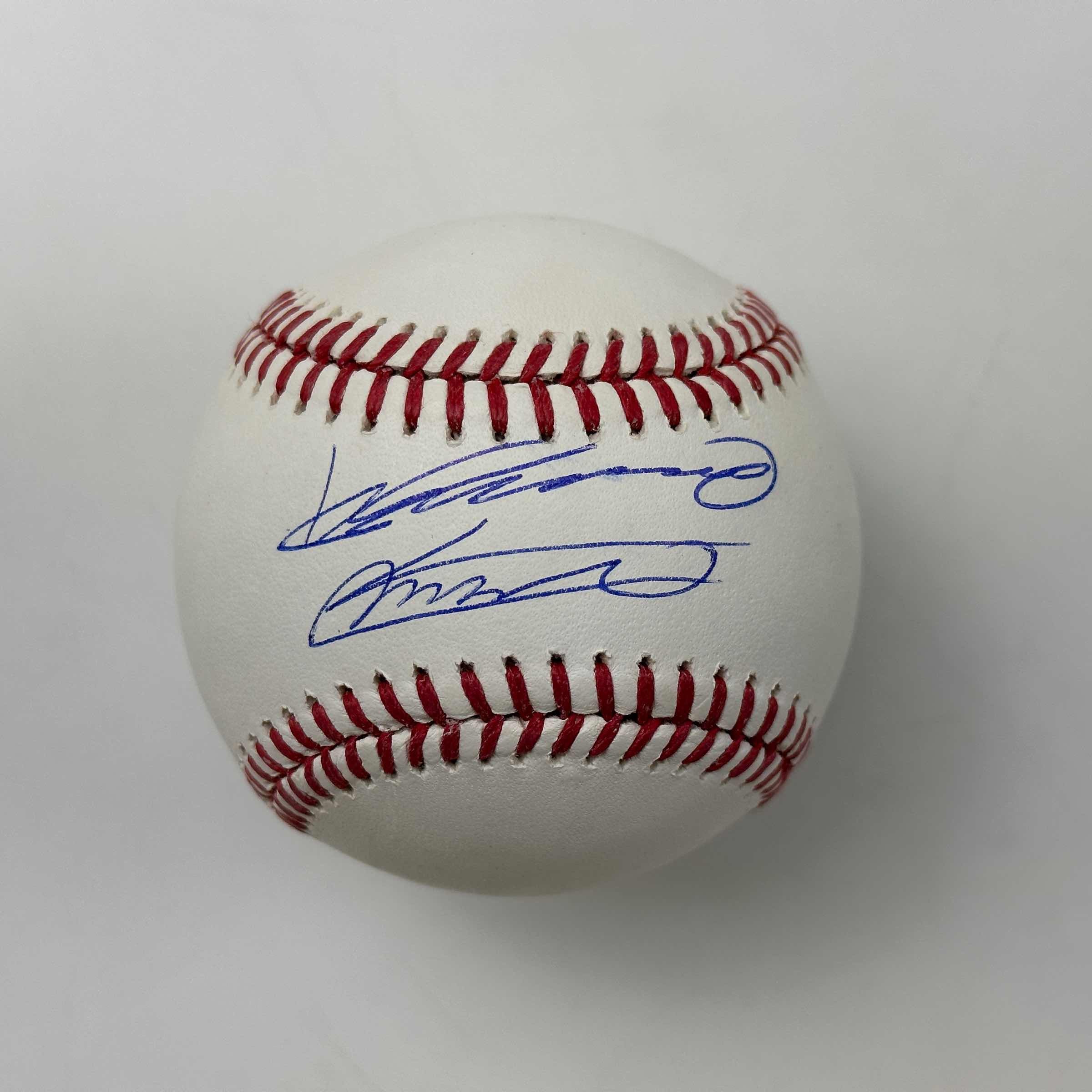 Autographed/Signed Vladimir Vlad Guerrero Jr. & Sr. Rawlings Official Major League Baseball ROML Beckett BAS COA