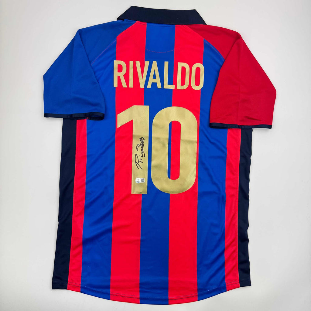 Autographed/Signed Rivaldo Ferreira FC Barcelona Blue Soccer Jersey Beckett BAS COA