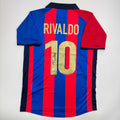 Autographed/Signed Rivaldo Ferreira FC Barcelona Blue Soccer Jersey Beckett BAS COA