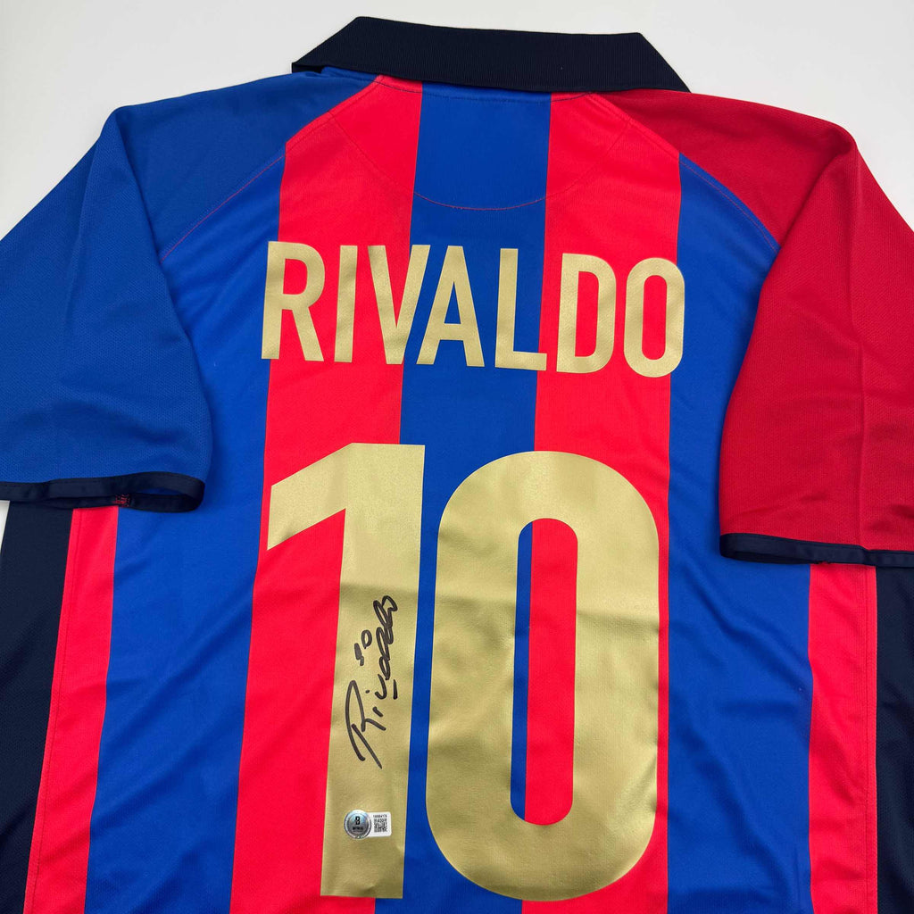 Autographed/Signed Rivaldo Ferreira FC Barcelona Blue Soccer Jersey Beckett BAS COA