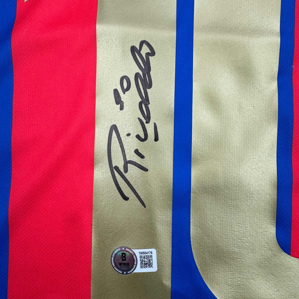 Autographed/Signed Rivaldo Ferreira FC Barcelona Blue Soccer Jersey Beckett BAS COA