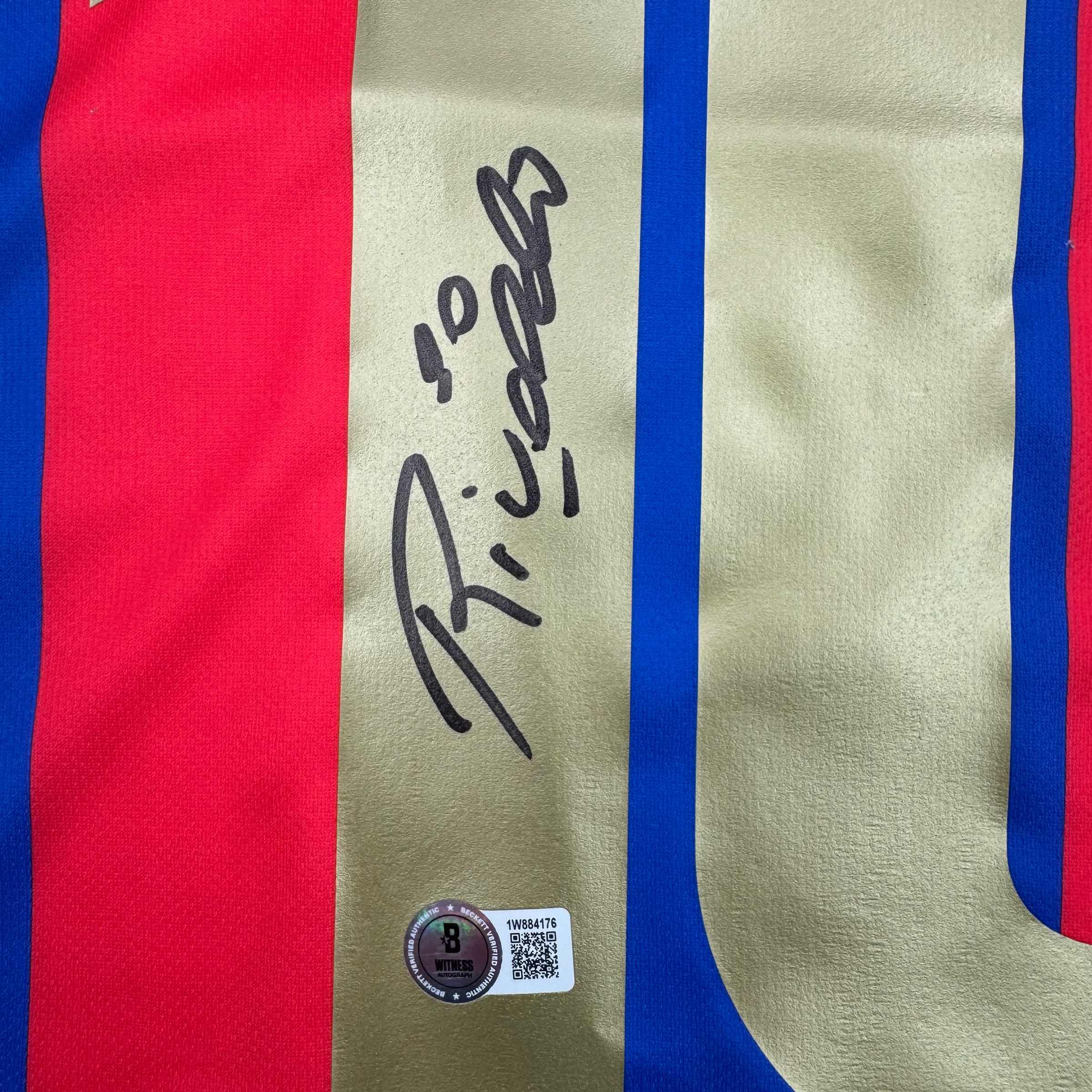 Autographed/Signed Rivaldo Ferreira FC Barcelona Blue Soccer Jersey Beckett BAS COA