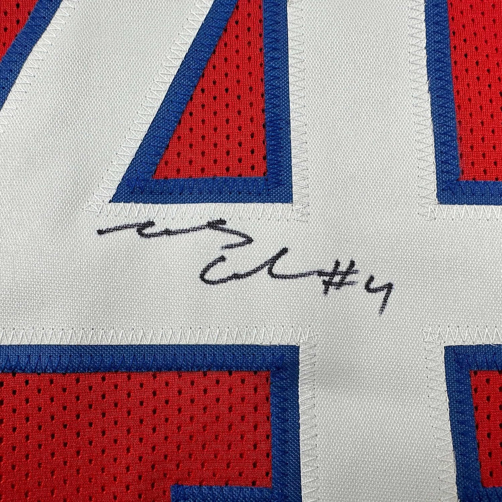 Framed Autographed/Signed James Cook 35x39 Buffalo Red Football Jersey Beckett BAS COA