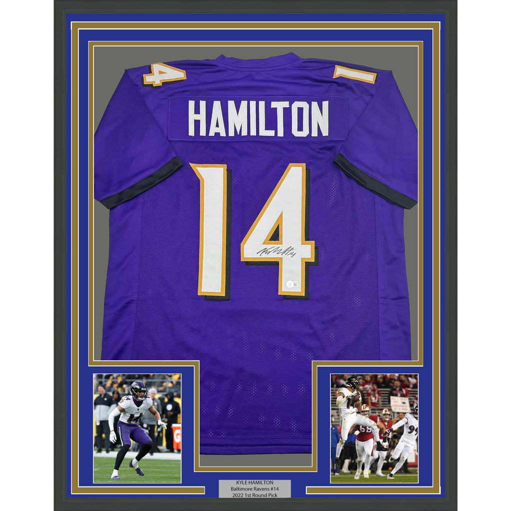 Framed Autographed/Signed Kyle Hamilton 35x39 Baltimore Purple Football Jersey Beckett BAS COA