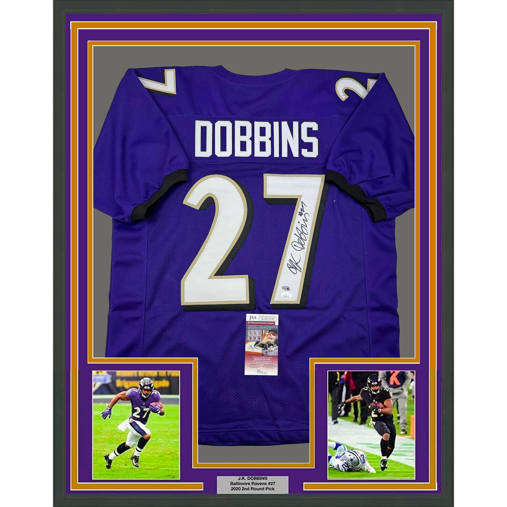 Framed Autographed/Signed J.K. Dobbins 35x39 Baltimore Purple Football Jersey JSA COA