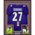 Framed Autographed/Signed J.K. Dobbins 35x39 Baltimore Purple Football Jersey JSA COA