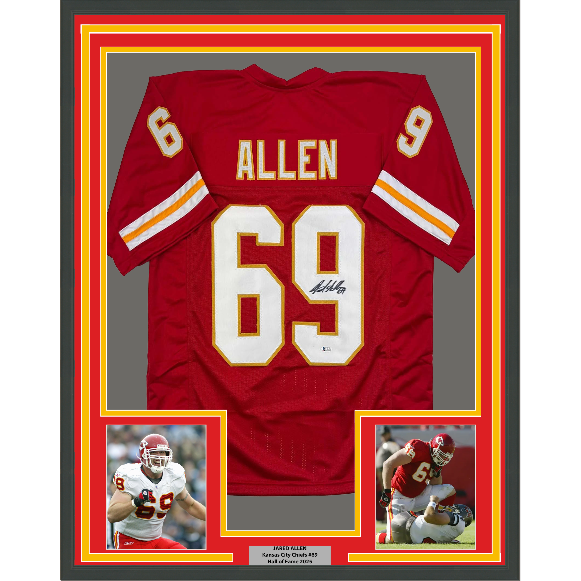 Framed Autographed/Signed Jared Allen 35x39 Kansas City Red Football Jersey Beckett BAS COA