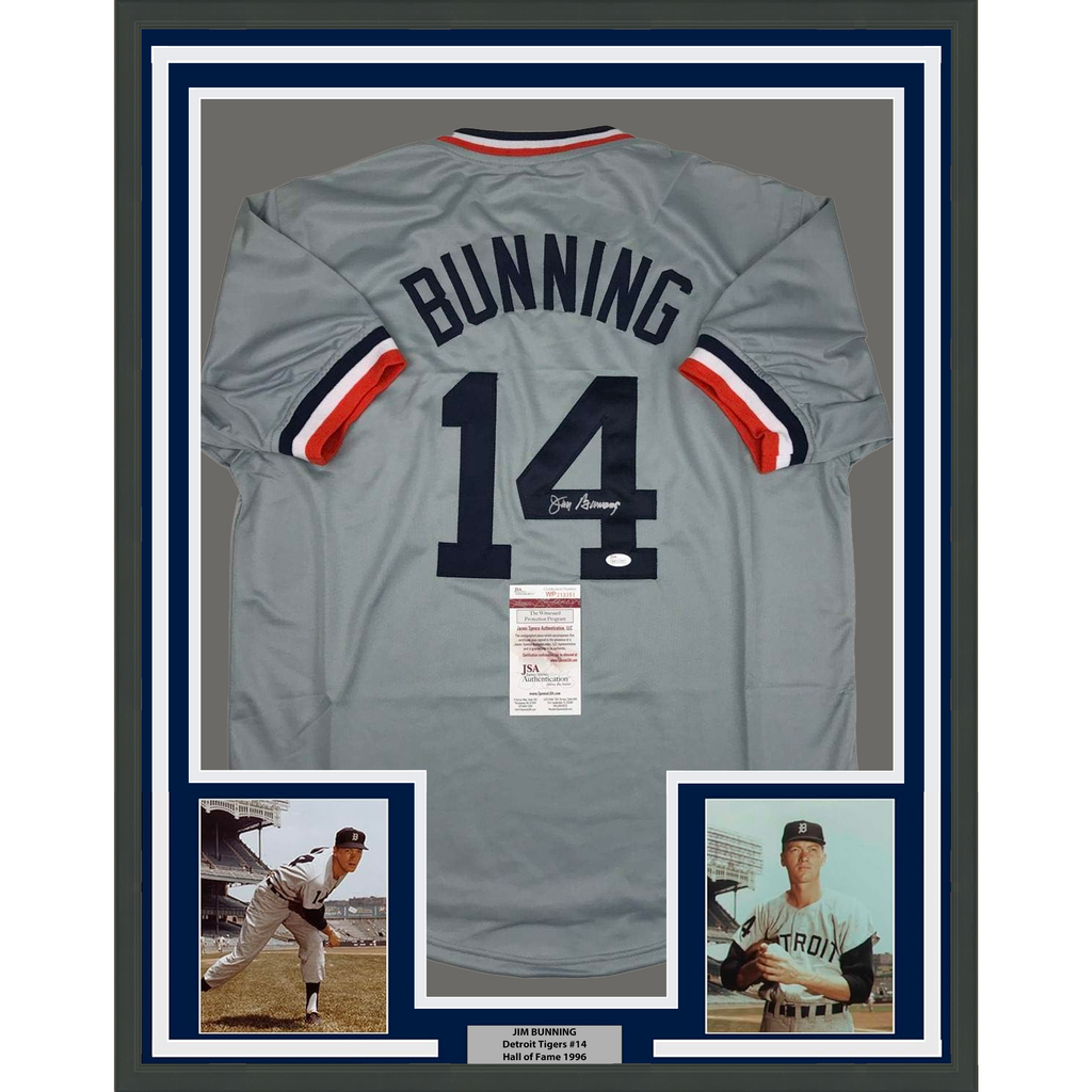 Framed Autographed/Signed Jim Bunning 35x39 Detroit Grey Baseball Jersey JSA COA