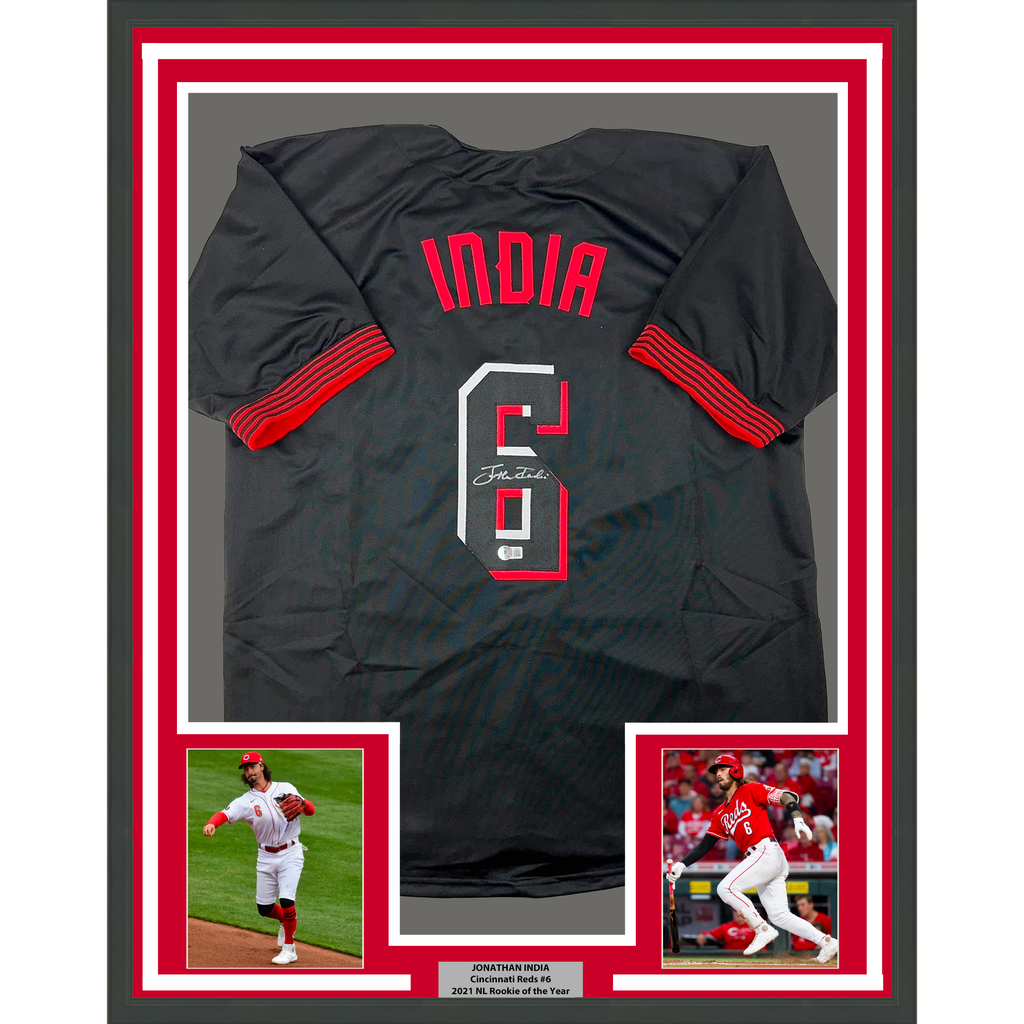 Framed Autographed/Signed Jonathan India 35x39 Cincinnati Black City Connect Baseball Jersey Beckett BAS COA