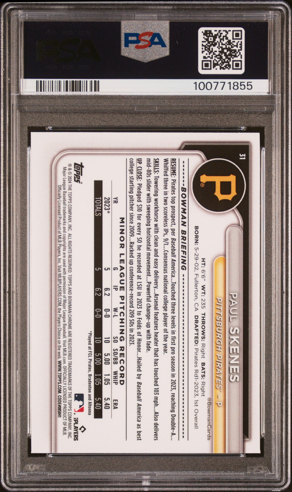 Graded 2024 Topps Bowman Chrome Paul Skenes #31 Rookie RC Baseball Card PSA 10 Gem Mint