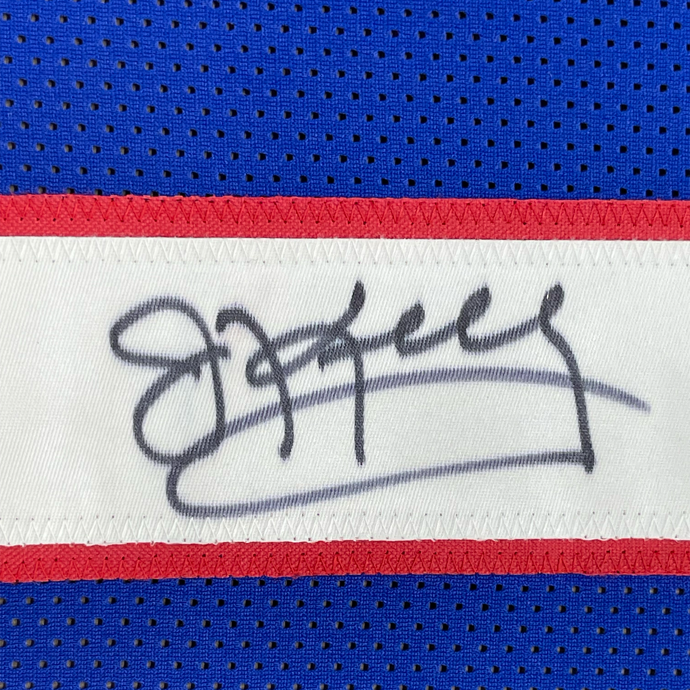 Framed Autographed/Signed Jim Kelly 35x39 Buffalo Blue Football Jersey JSA COA