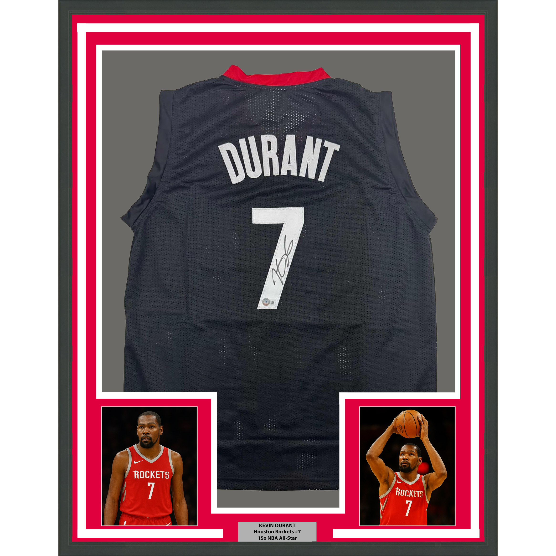 Framed Autographed/Signed Kevin Durant 35x39 Houston Black Basketball Jersey Beckett BAS COA