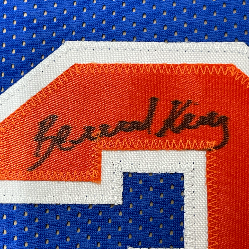 Framed Autographed/Signed Bernard King 35x39 New York Blue Basketball Jersey Beckett BAS COA