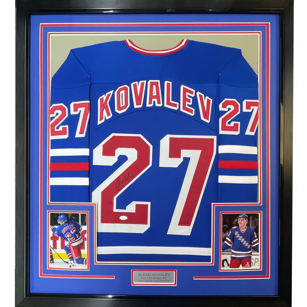 Framed Autographed/Signed Alexei Kovalev 35x39 New York Blue Hockey Jersey JSA COA