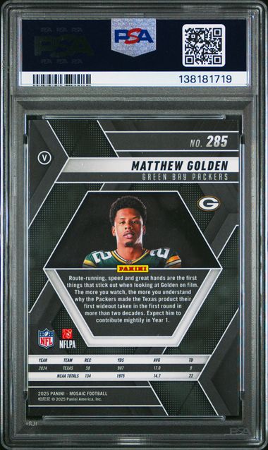 Graded 2025 Panini Mosaic Matthew Golden #285 Rookie RC Football Card PSA 10 Gem Mint