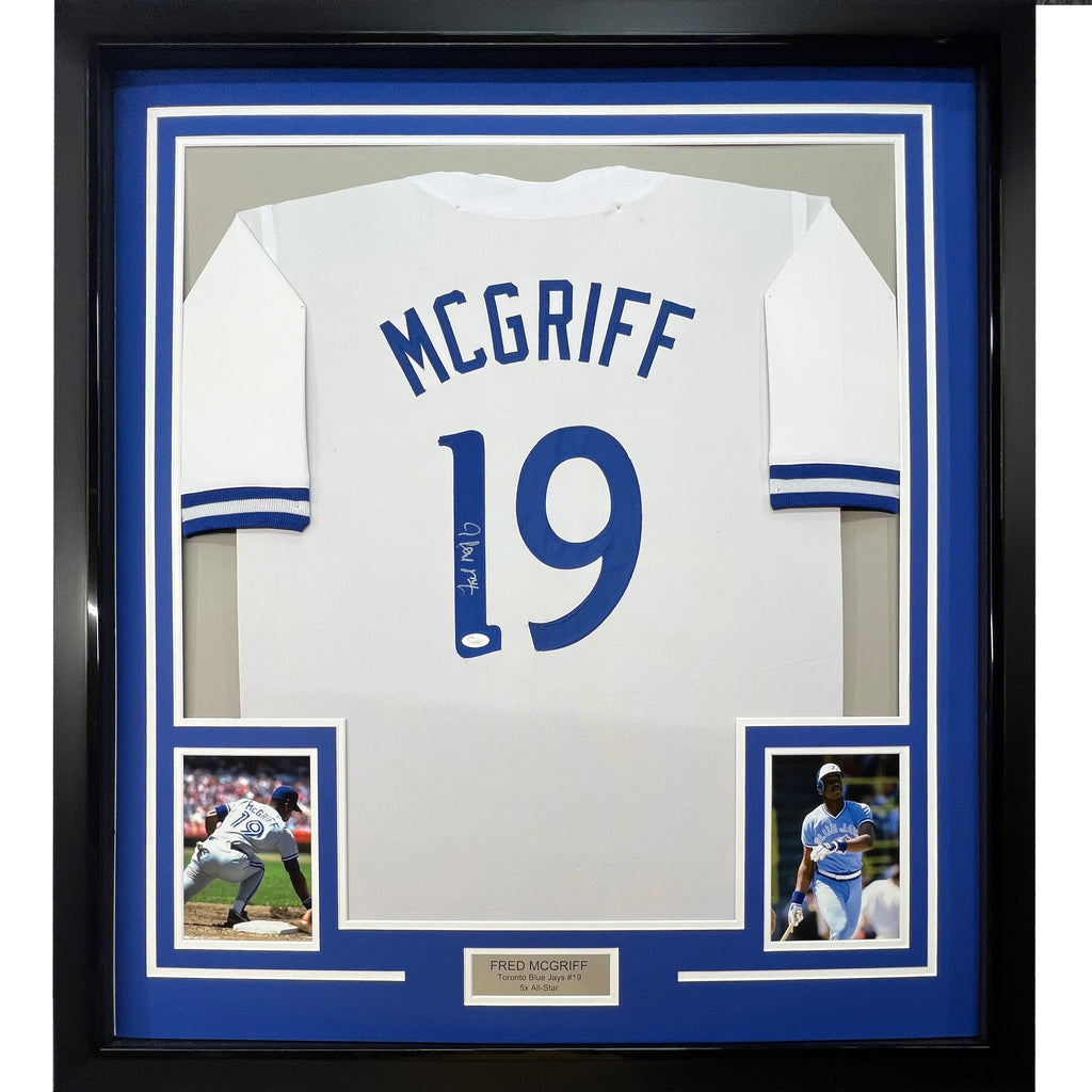 Framed Autographed/Signed Fred McGriff 35x39 Toronto White Baseball Jersey JSA COA