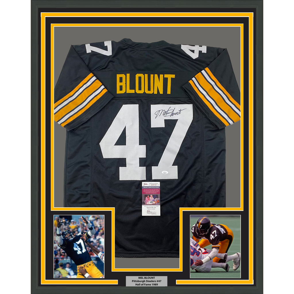 Framed Autographed/Signed Mel Blount 35x39 Pittsburgh Black Football Jersey JSA COA