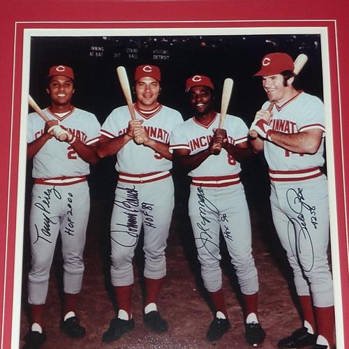 Cincinnati Reds Big Red Machine (Tony Perez, Johnny Bench, Joe Morgan, Pete Rose Autographed) Deluxe Framed 16x20 Photo - MLB