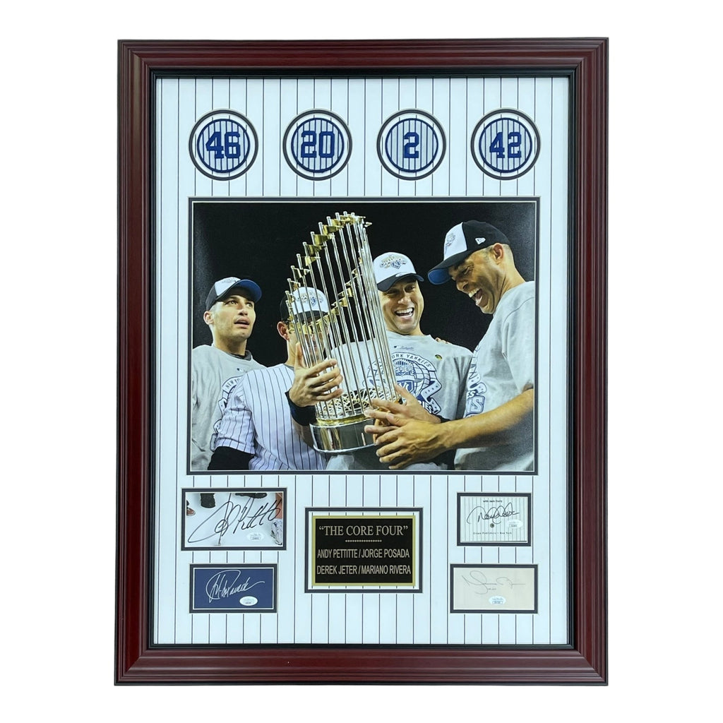 Derek Jeter, Andy Pettitte, Jorge Posada And Mariano Rivera Autographed New York Yankees (Core Four) Deluxe Framed Cut Piece with Patches - JSA