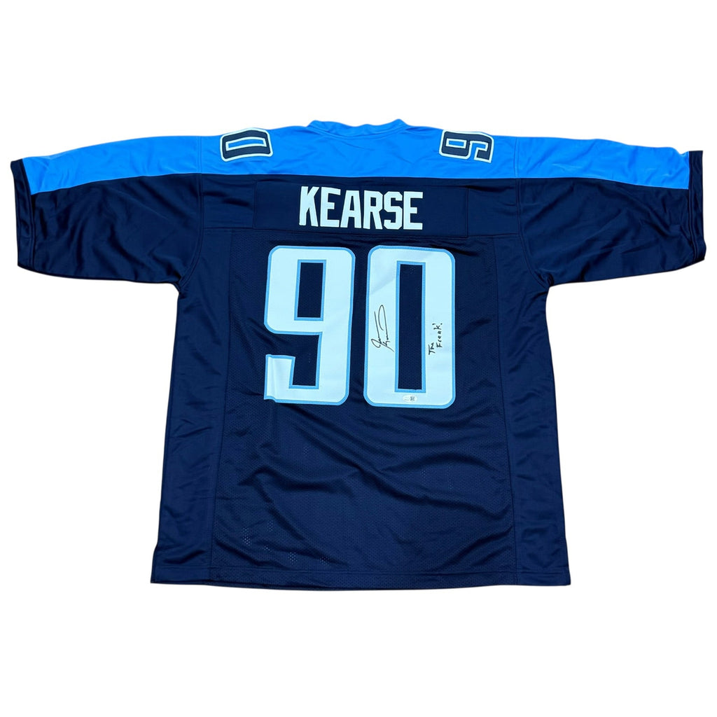 Jevon Kearse Autographed Tennessee (Navy Blue #90) Custom Jersey w / "The Freak" - JSA