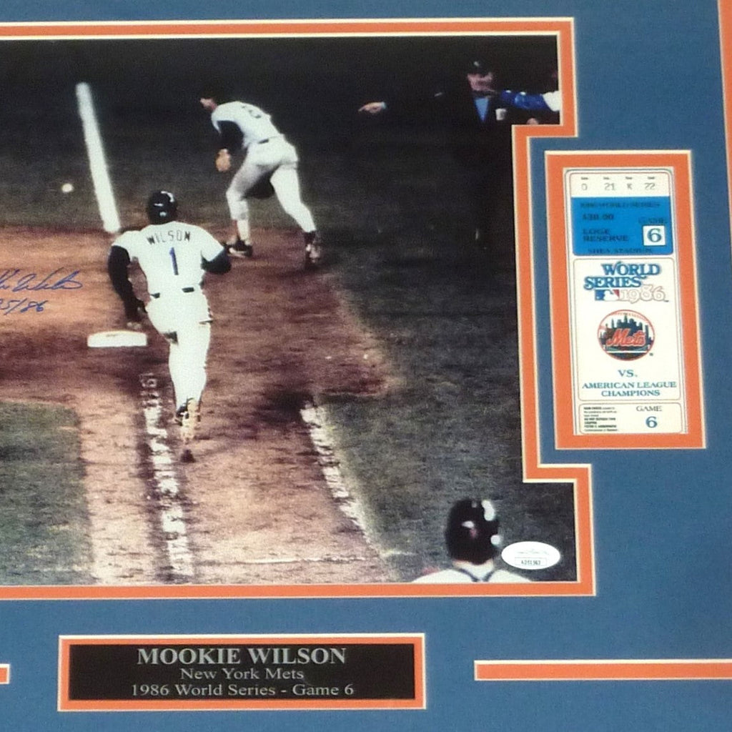 Mookie Wilson Autographed New York Mets (1986 World Series) Deluxe Framed 11x14 Photo w/ 10/25/86 and Replica Game 6 Ticket - JSA