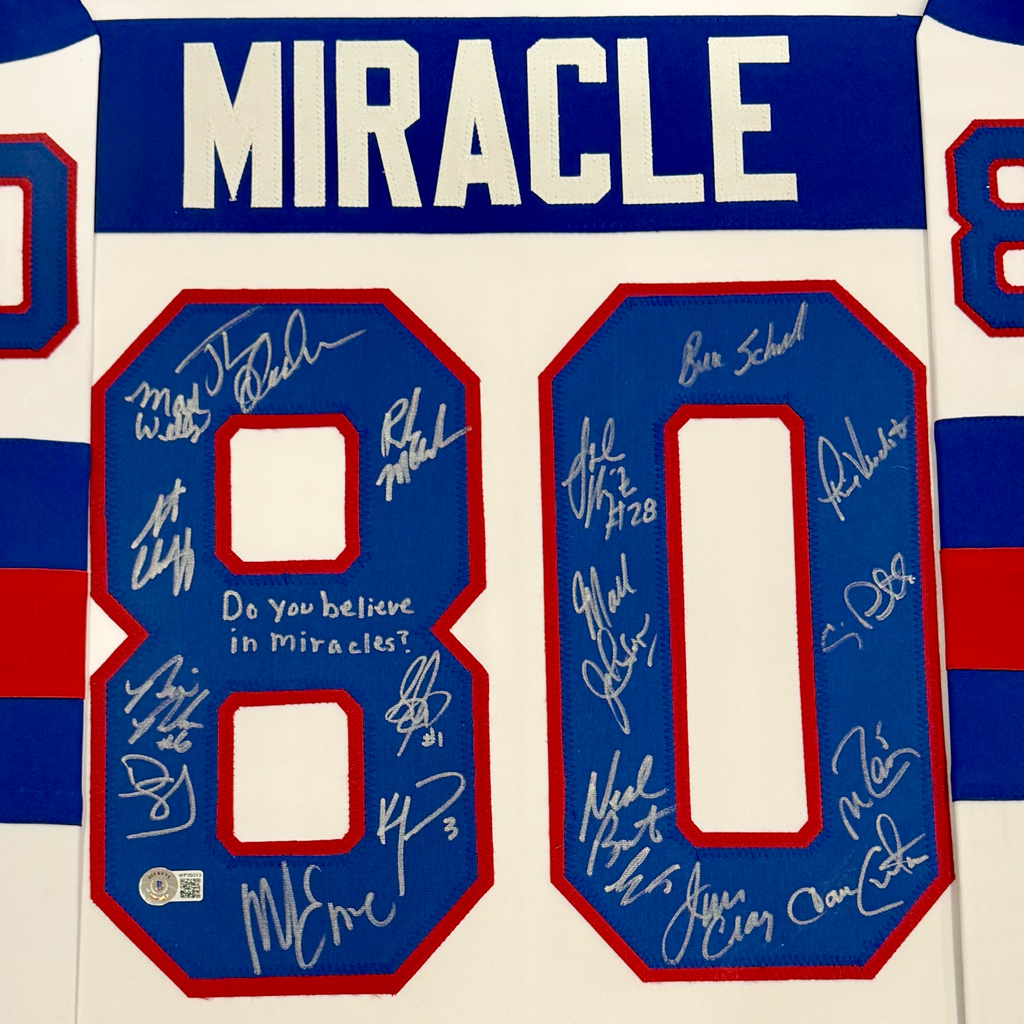 1980 U.S. Olympic Hockey Team Autographed (USA White #80) Deluxe Framed Jersey - Miracle On Ice - 18 Team Member Signatures - Beckett Witness