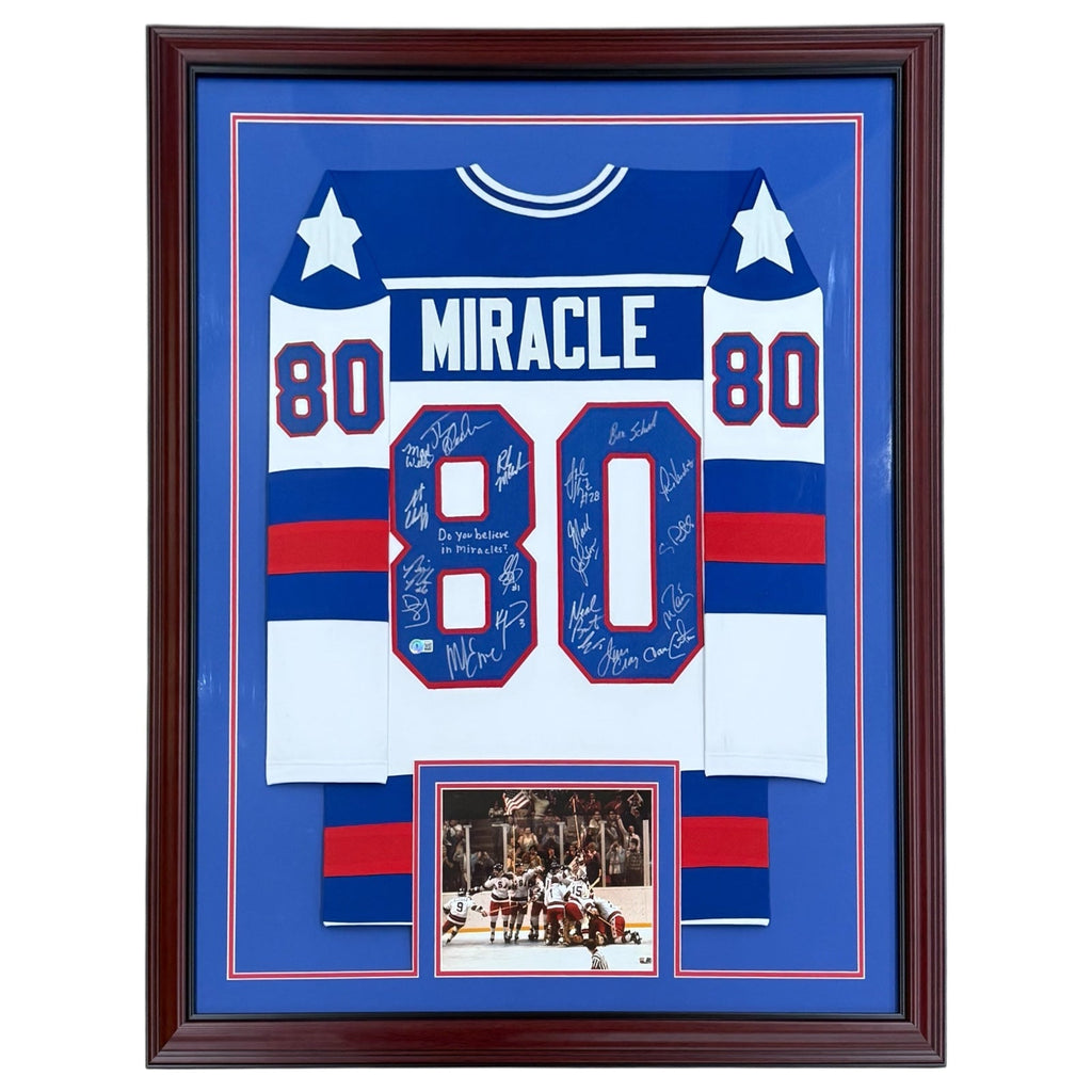 1980 U.S. Olympic Hockey Team Autographed (USA White #80) Deluxe Framed Jersey - Miracle On Ice - 18 Team Member Signatures - Beckett Witness