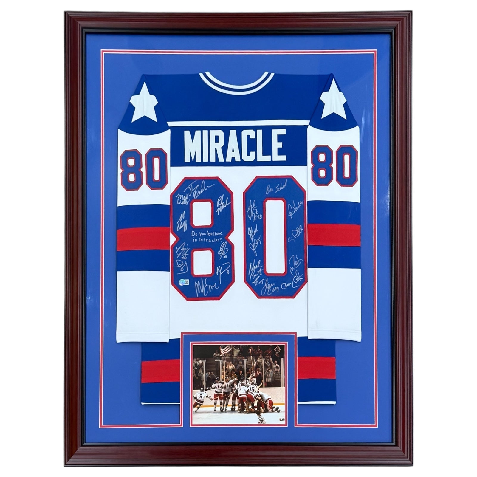 1980 U.S. Olympic Hockey Team Autographed (USA White #80) Deluxe Framed Jersey - Miracle On Ice - 18 Team Member Signatures - Beckett Witness