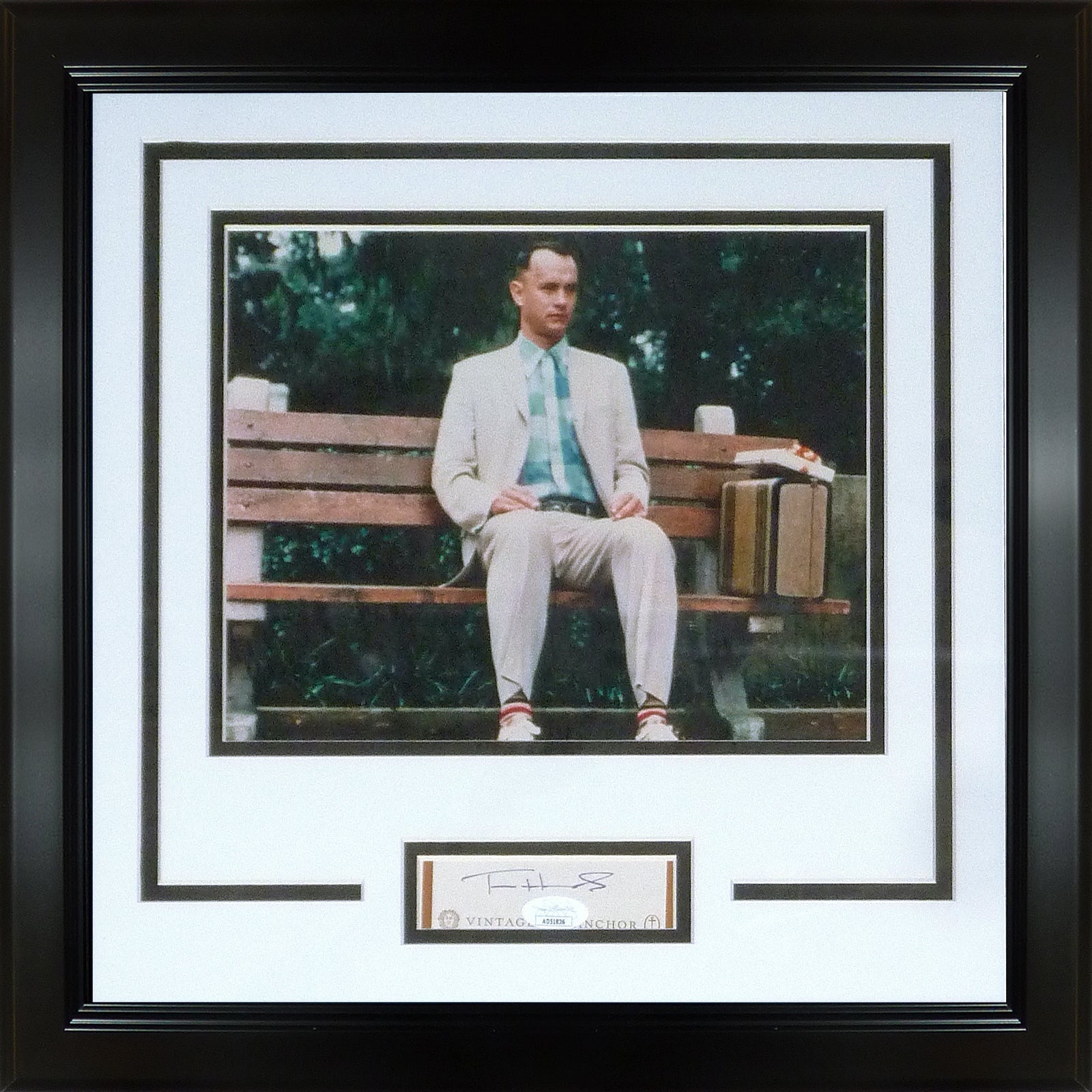 Tom Hanks Autographed Forrest Gump On Bench Frame with 8x10 and signature - JSA