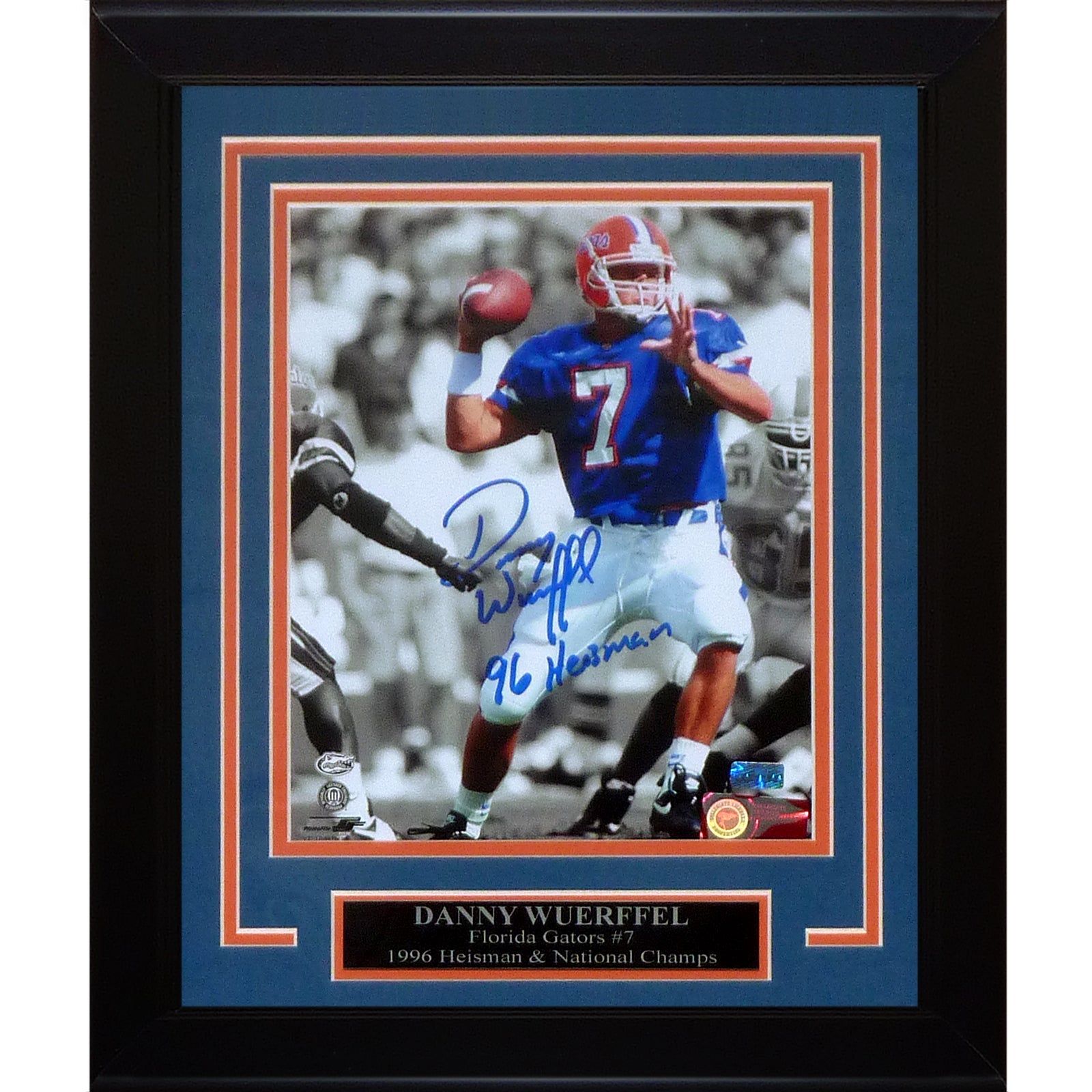 Danny Wuerffel Autographed Florida Gators (Spotlight) Deluxe Framed 8x10 Photo w/ 96 Heisman