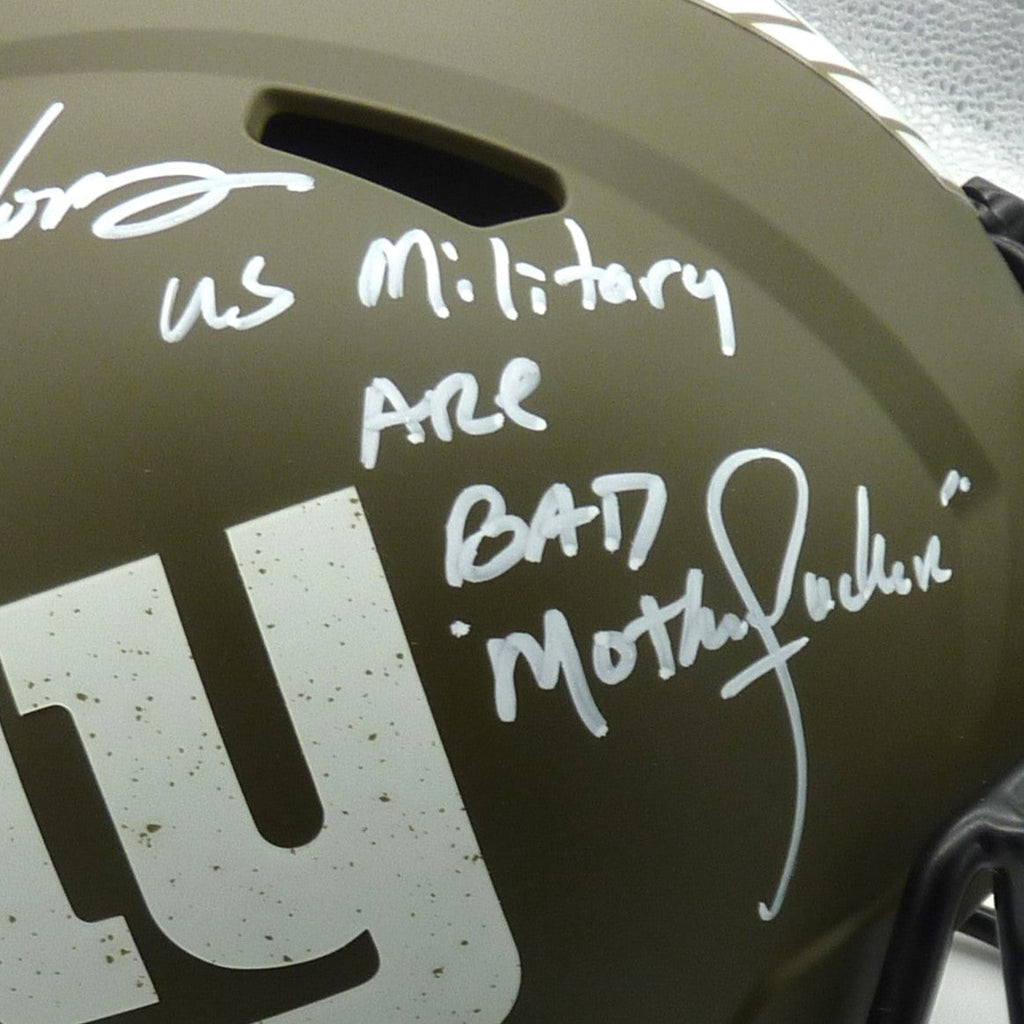 Lawrence Taylor Autographed New York Giants (SALUTE TO SERVICE) Deluxe Full-Size Replica Helmet w/ Military Inscription - BAS
