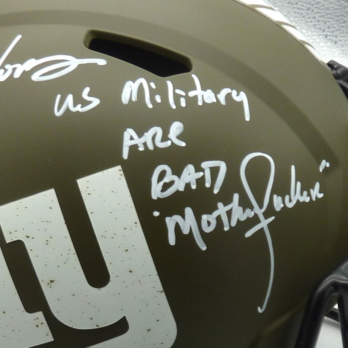 Lawrence Taylor Autographed New York Giants (SALUTE TO SERVICE) Deluxe Full-Size Replica Helmet w/ Military Inscription - BAS