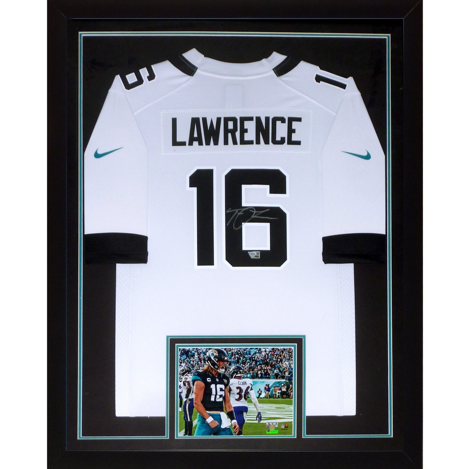 Trevor Lawrence Autographed Jacksonville Jaguars (White #16) Nike Vertical Framed Jersey - Fanatics