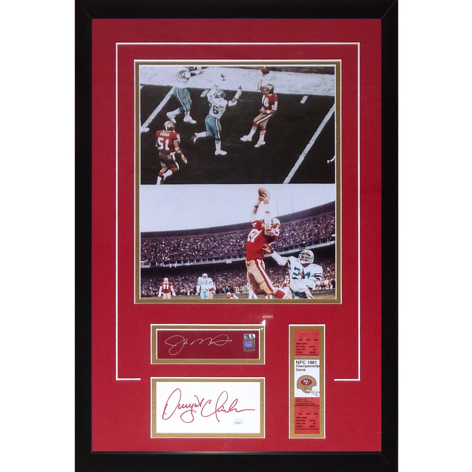 Joe Montana And Dwight Clark Autographs Deluxe Framed with San Francisco 49ers "The Catch" 11x14 Photo - JSA