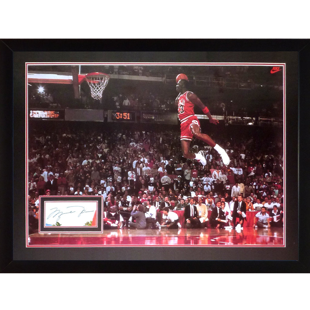 Michael Jordan Autographed Deluxe Framed over Chicago Bulls 1988 Gatorade Slam Dunk Full-Size Poster - JSA LOA