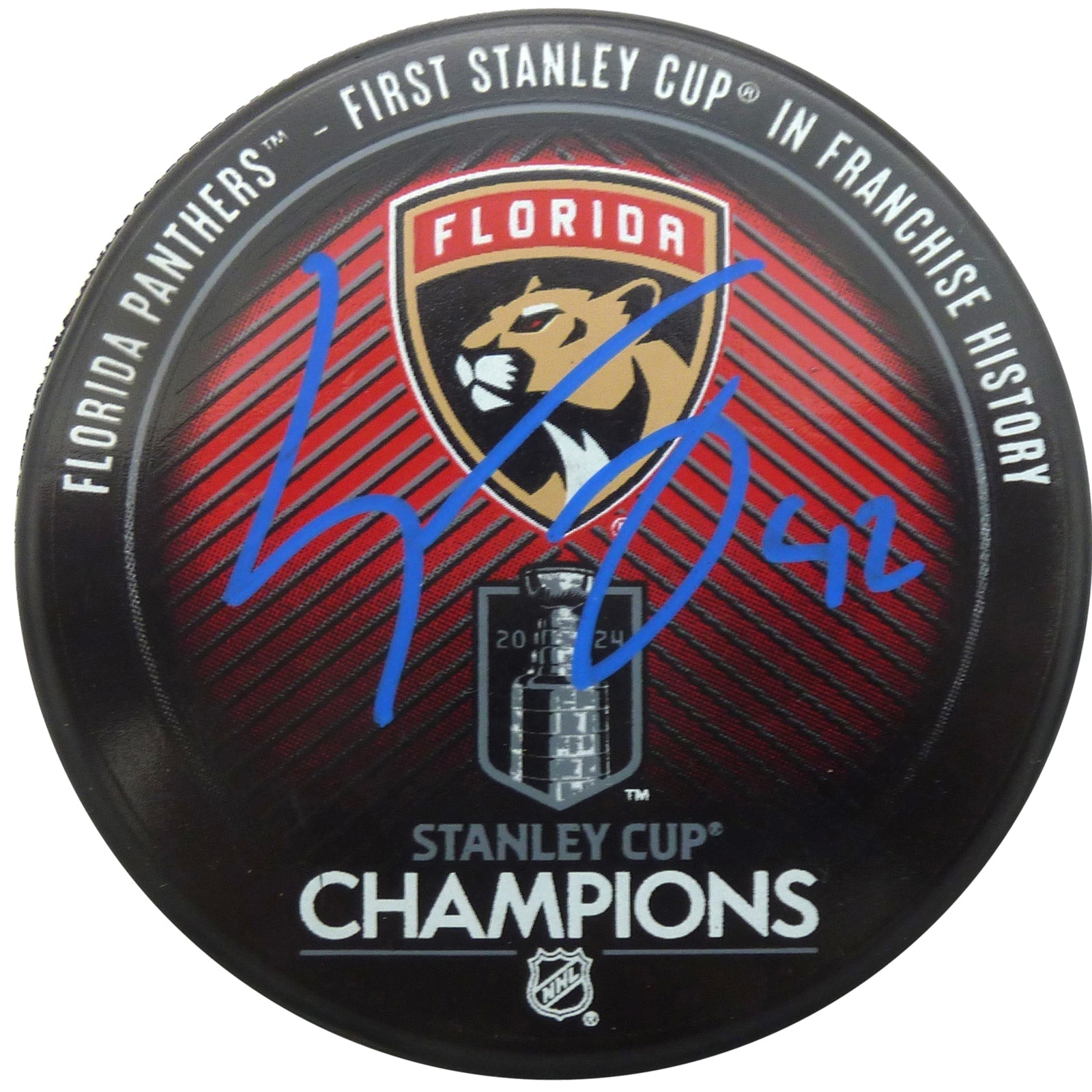 Gustav Forsling Autographed Florida Panthers (2024 Stanley Cup Champs Logo) Hockey Puck - JSA