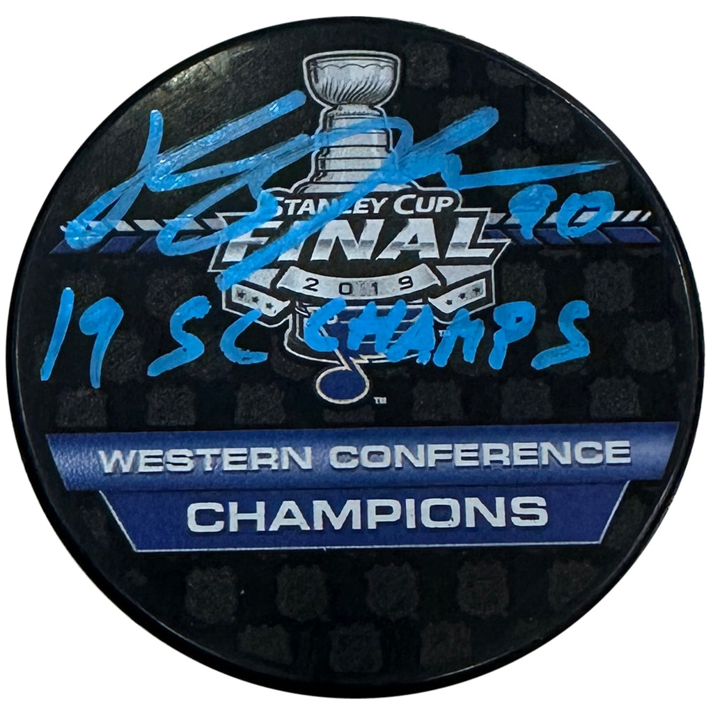 Ryan O'Reilly Autographed St Louis Blues 2019 Stanley Cup Logo Hockey Puck - Blue Ink - JSA