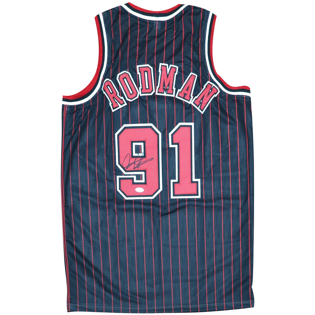 Dennis Rodman Autographed Chicago Bulls (Black Pinstripe #91) Custom Jersey - JSA