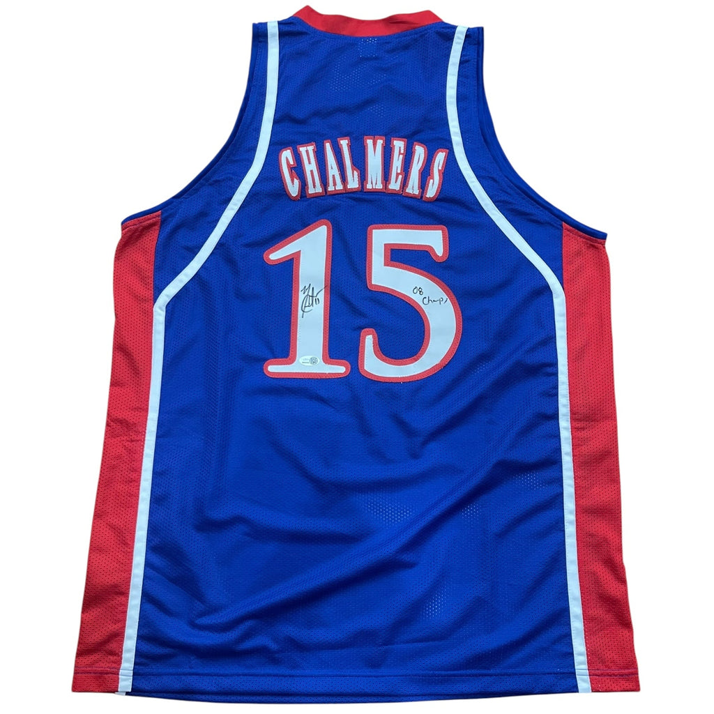 Mario Chalmers Autographed Kansas Jayhawks (Blue #15) Custom Jersey w/ "08 Champs" - JSA