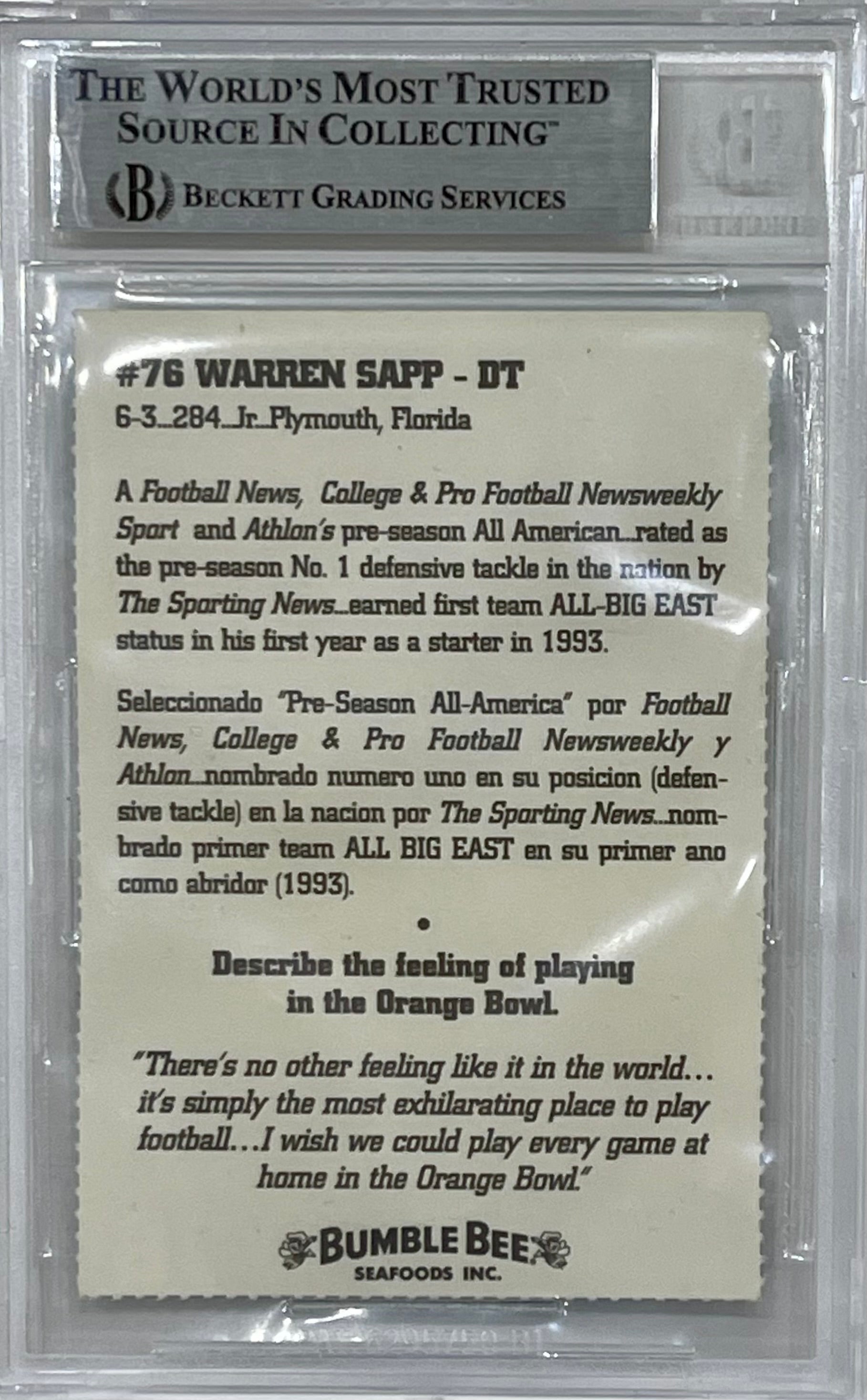 Warren Sapp Autographed 1994 Miami Hurricanes Bumble Bee Card - Beckett Slab