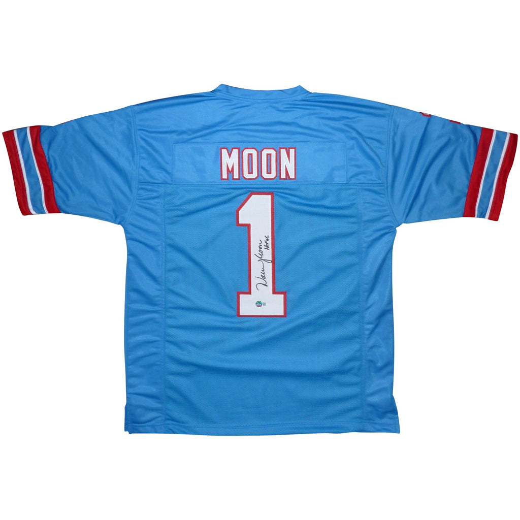Warren Moon Autographed Houston Oilers (Baby Blue #1) Custom Jersey - Beckett