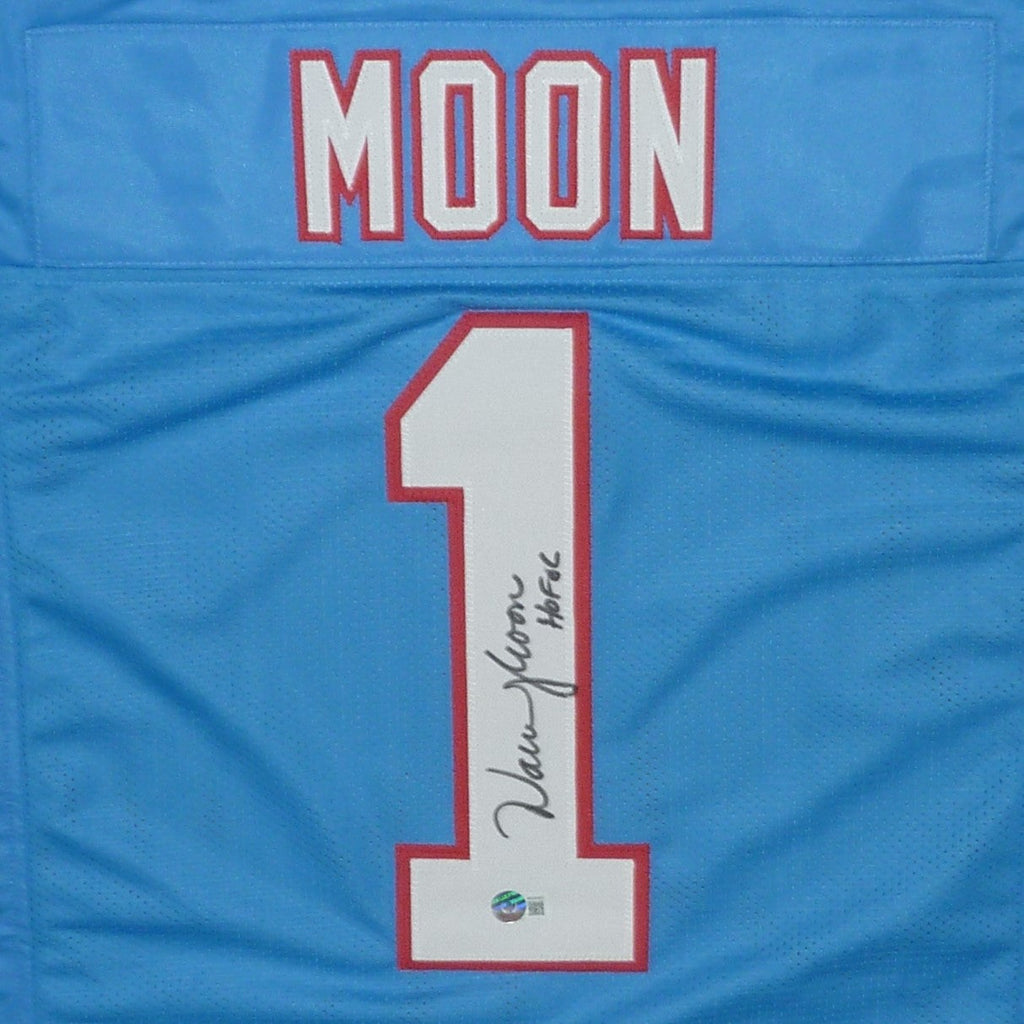 Warren Moon Autographed Houston Oilers (Baby Blue #1) Custom Jersey - Beckett