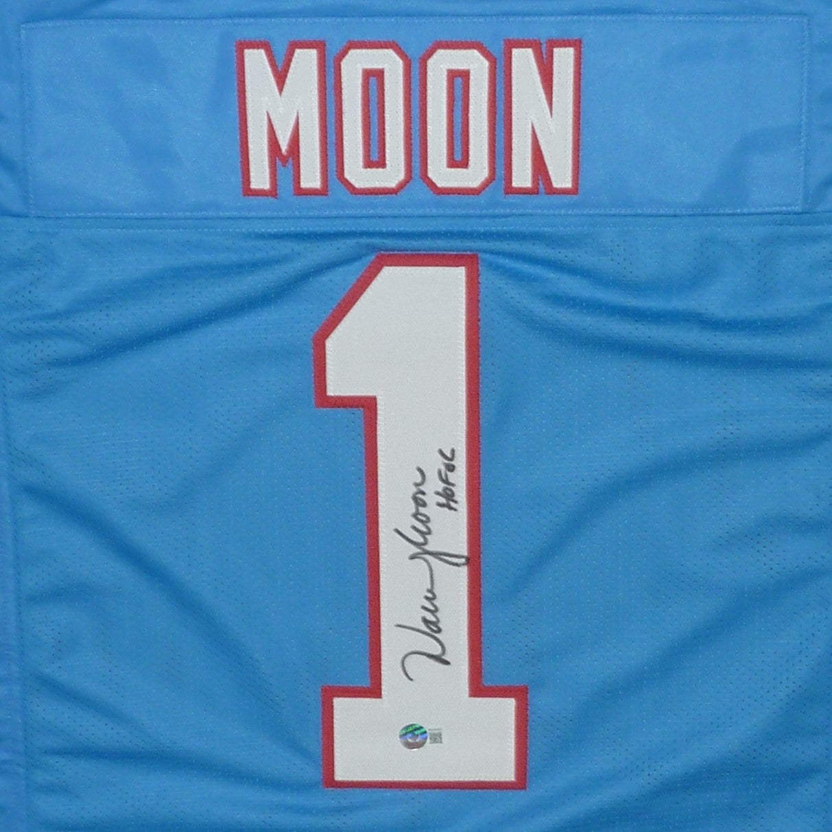 Warren Moon Autographed Houston Oilers (Baby Blue #1) Custom Jersey - Beckett